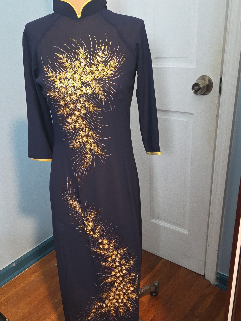 Black Maxi Dress with Gold Floral Embellishment